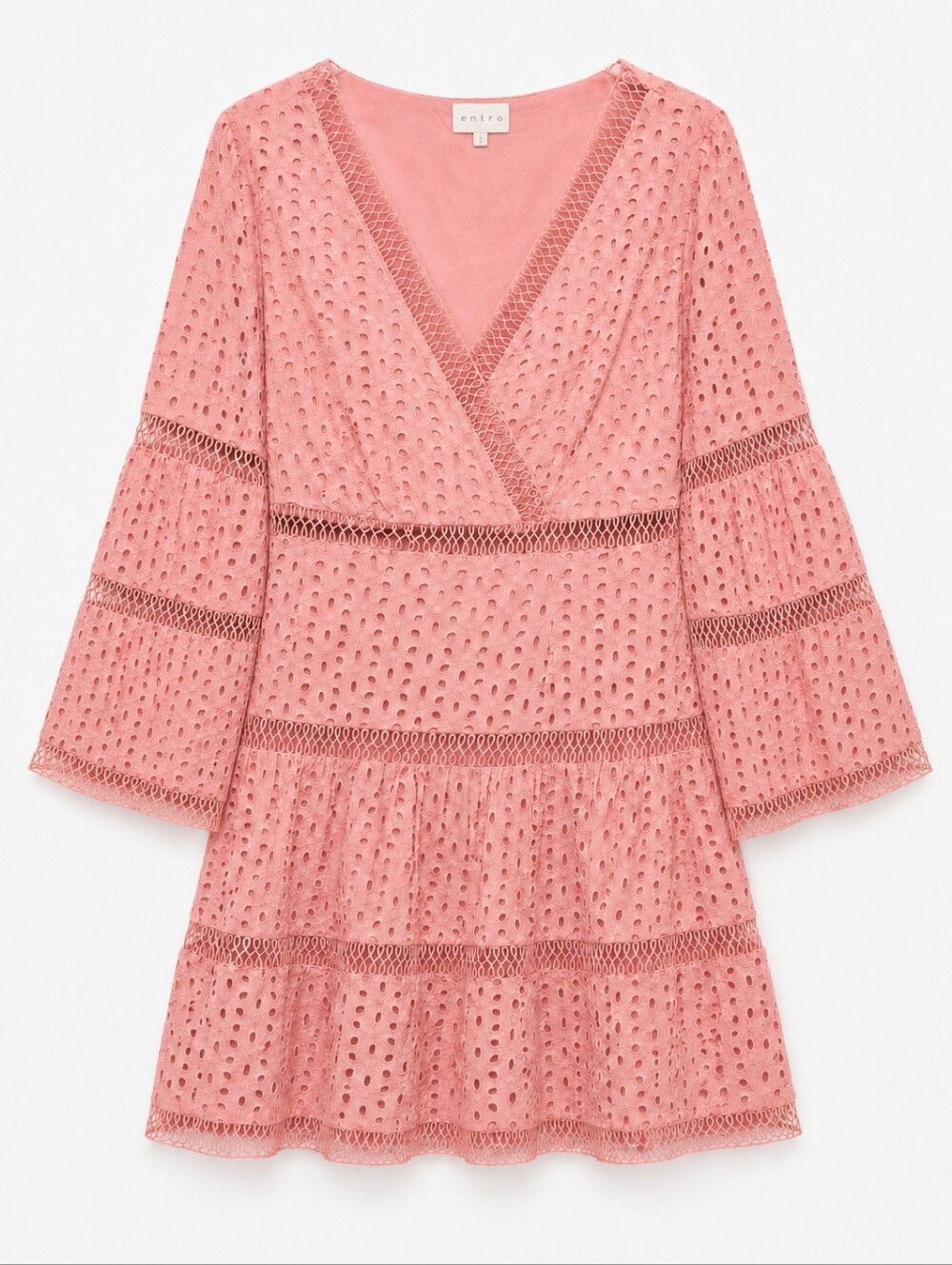 Entro Salmon Pink Eyelet Lace Tiered Boho V-Neck Bell Sleeves Mini Dress L
